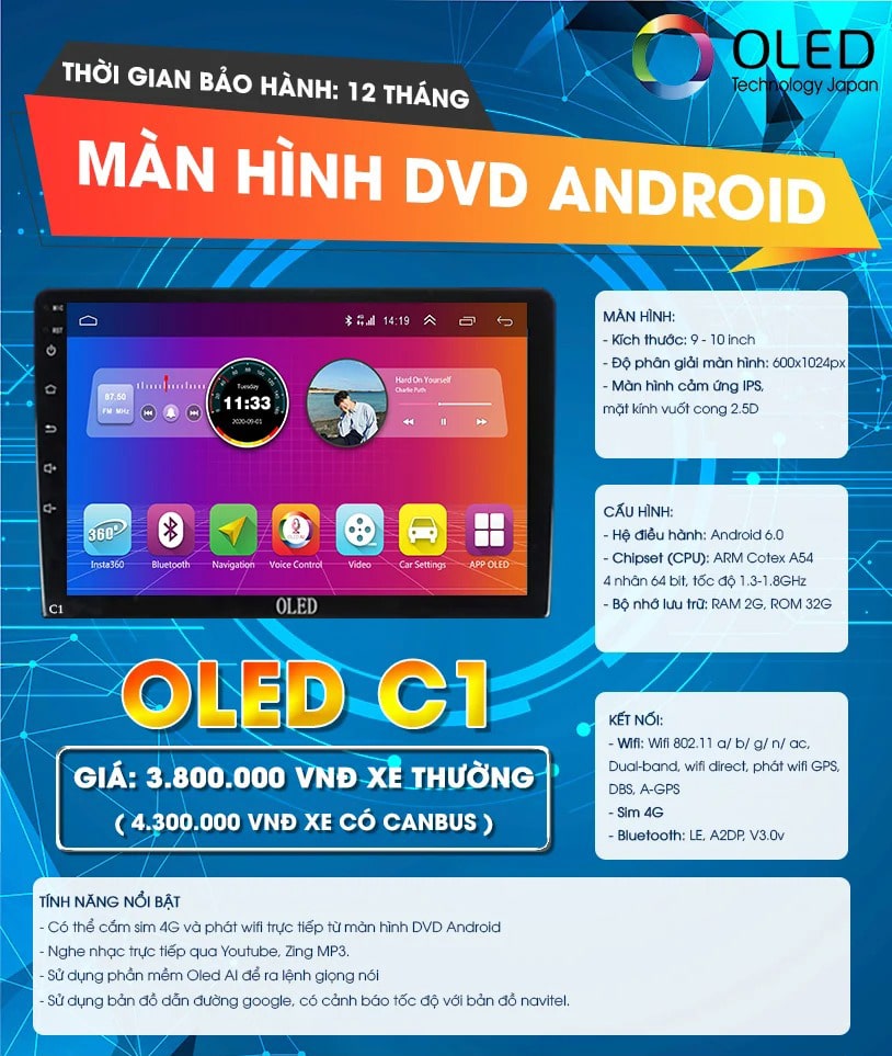 màn hình ô tô dvd android giá rẻ oled c1