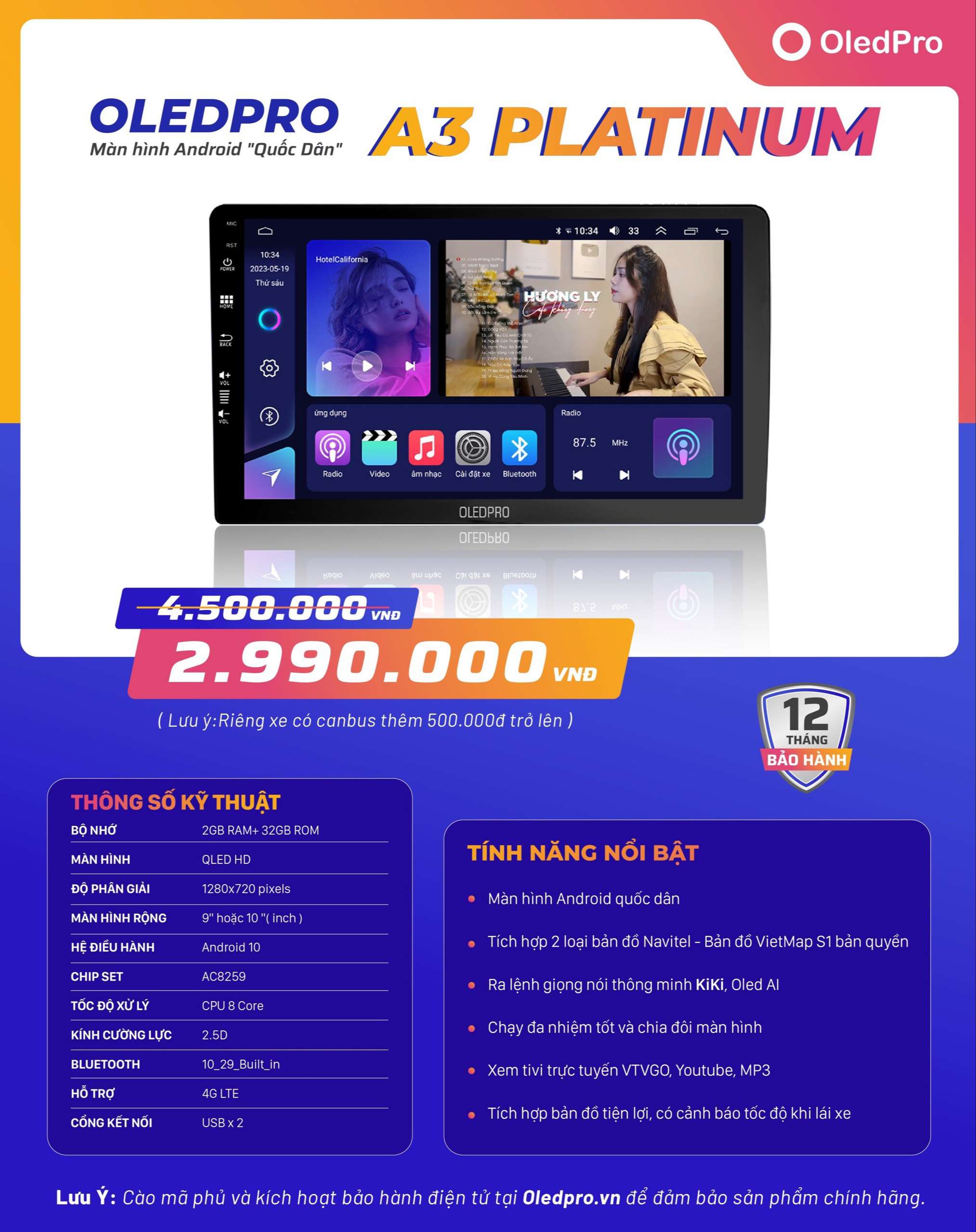 Thông số kỹ thuật màn hình oled pro A3 Platinum