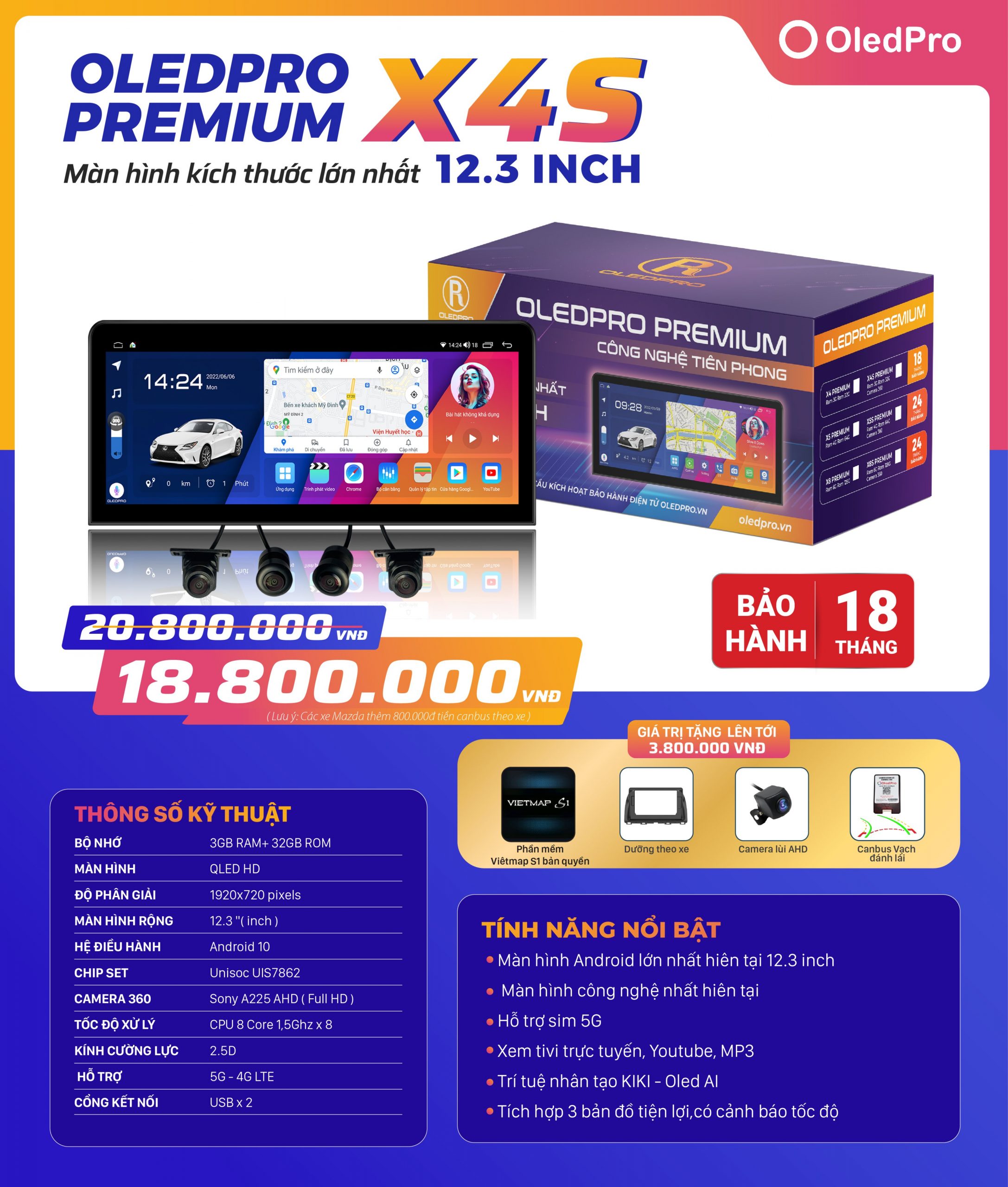 Màn hình Oled pro Premium X4S 12.3 inch liền cam 360