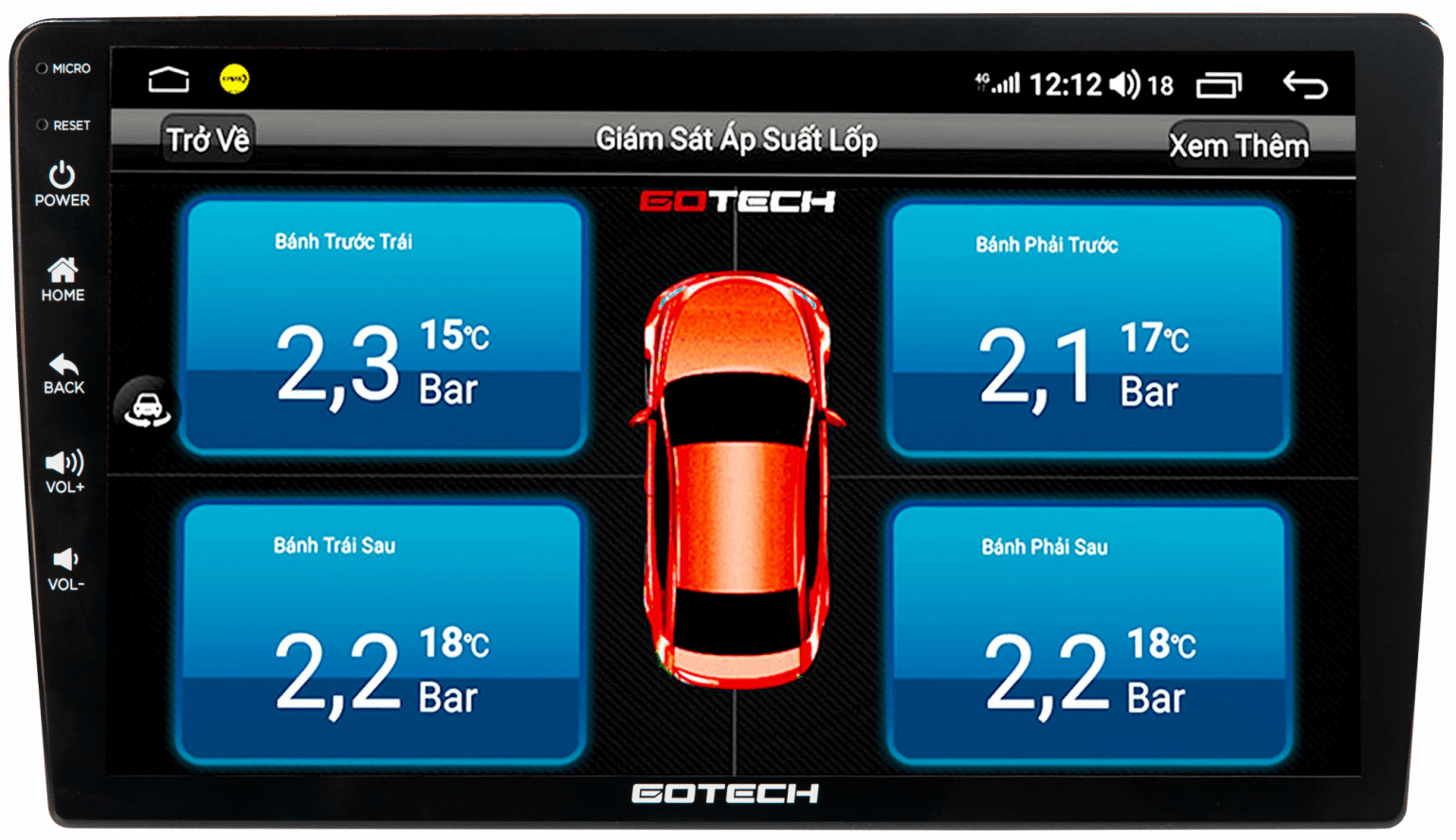 theo dõi cảm biến áp suất lốp trên màn hình ô tô gotech gt6 new