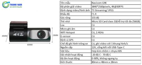 thông số kỹ thuật của camera hành trình xe g4k chính hãng