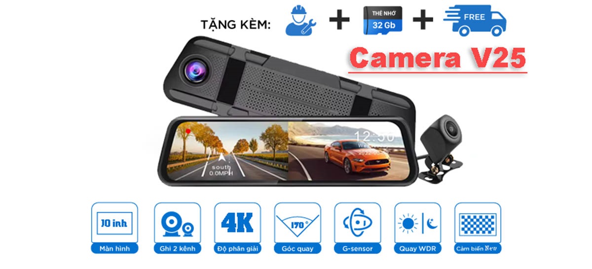 Camera hành trình gương chiếu hậu V25 4K ghi hình trước sau