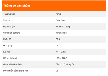 thông số kỹ thuật của camera hành trình 70mai m310