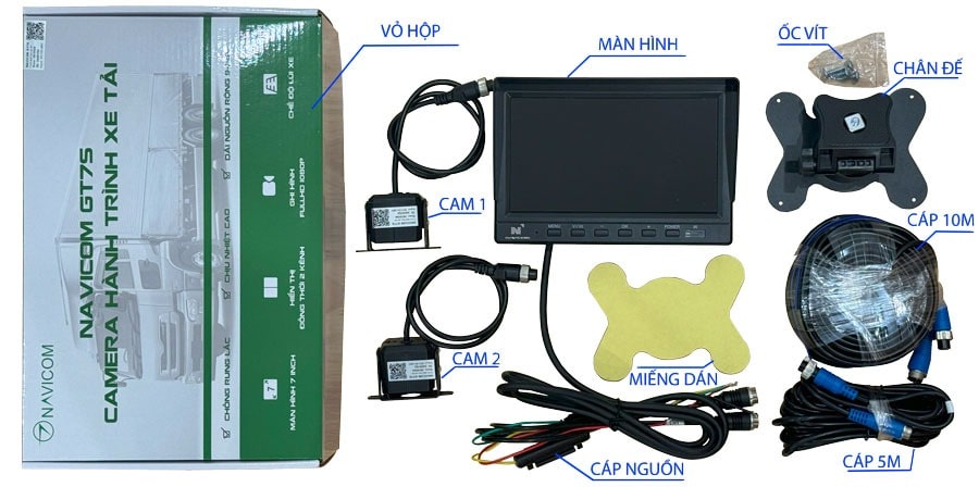trọn bộ sản phẩm camera hành trình xe tải gt7s
