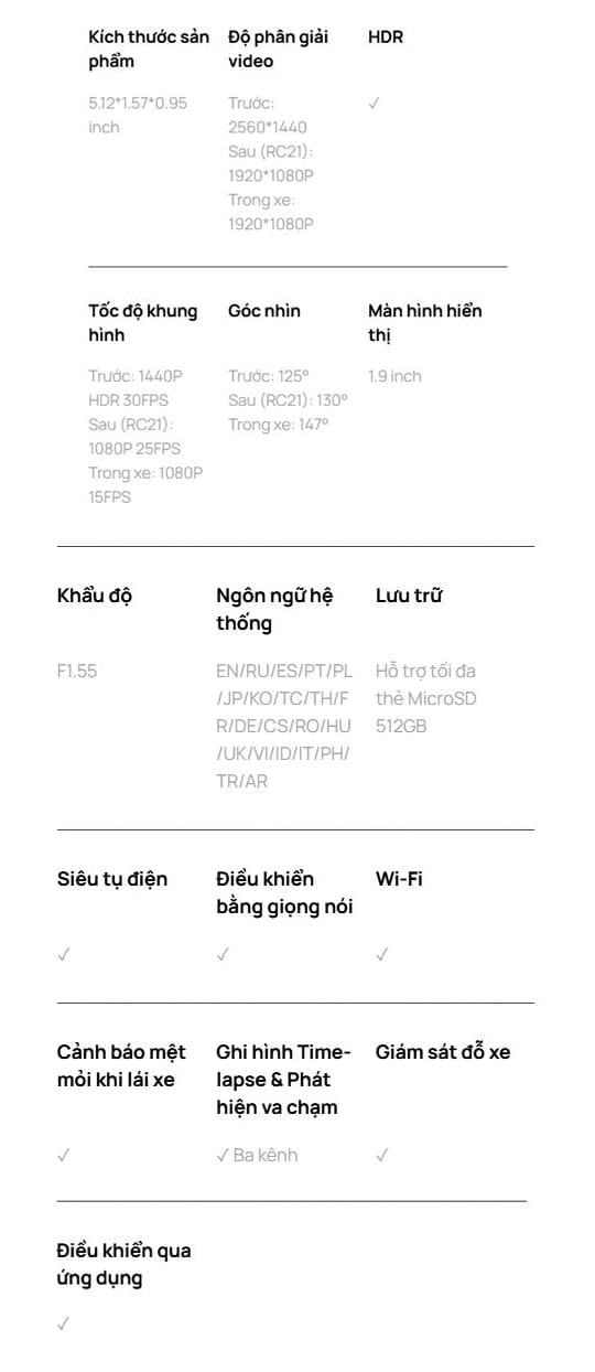 thông số kỹ thuật của camera hành trình xiaomi 70mai t400 chính hãng