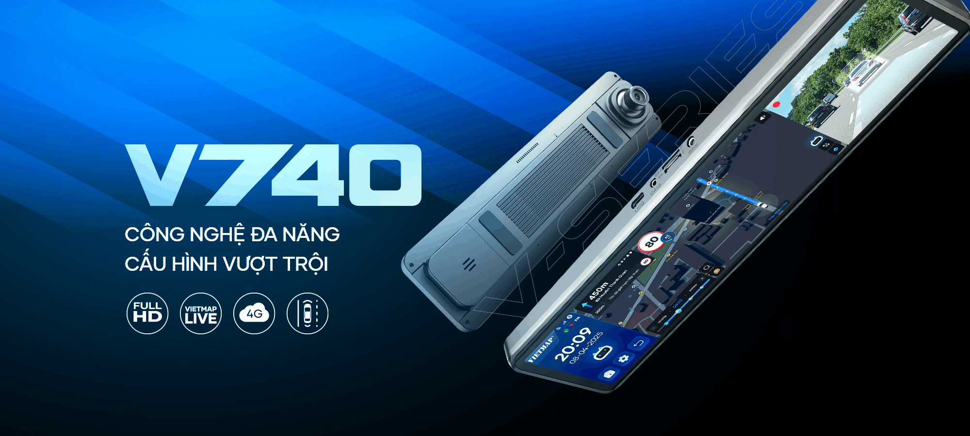 camera hành trình gương cao cấp vietmap v740 có tính năng cảnh báo giao thông